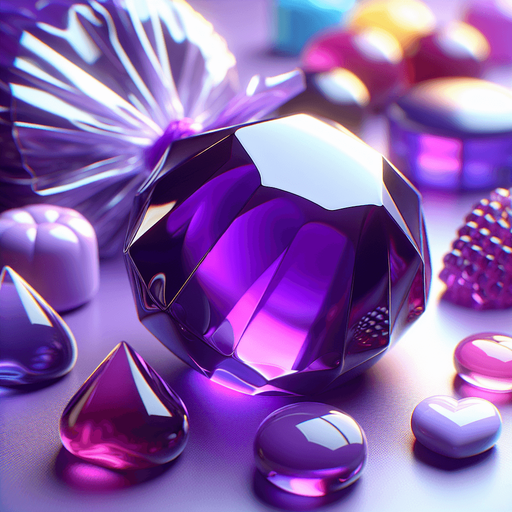Basic Prompt:
Bright purple candy, in shades of lavender and violet, with a smooth surface, sweet and enticing looking confection.
More Detailed Prompt (Optional):
Deep purple in color, with hints of lavender and light lilac where the light hits it, possessing a smooth and glossy surface, crystal clear like glass, high-quality purple candy. There's a subtle halo of light around the candy, and the background is softly blurred.
Additional Details to Add to the Prompt:
Shape: Crystal, drop, heart, round, etc.
Texture: Glossy, matte, frosted, slightly rough, etc.
Lighting: Soft, dramatic, natural light, artificial light, etc.
Background: Solid color, patterned, candy store, countertop, etc.
Additional Objects: Other candies, transparent packaging, ribbon, etc.
Basic Prompt:
Bright purple candy, in shades of lavender and violet, with a smooth surface, sweet and enticing looking confection.
More Detailed Prompt (Optional):
Deep purple in color, with hints of lavender and light lilac where th.
Single Game Texture.  In-Game asset.  2d.  Blank background.  High contrast.  No shadows