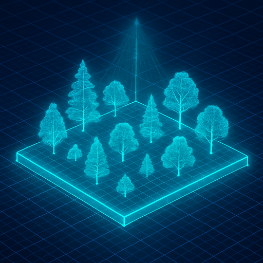 Top down isometric cyberpunk simulation hologram grid projection forest