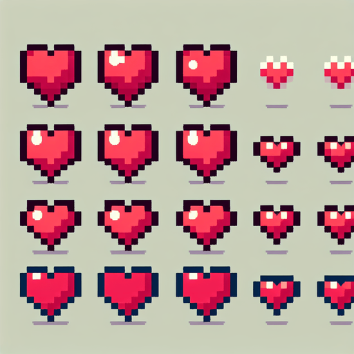 A sprite sheet of heart containers. 
Single Game Texture. In-Game asset. 2d. Blank background. High contrast. No shadows.