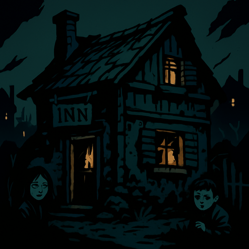 A rundown inn on the edge of a village, candlelight flickering through broken shutters, children peeking from dark corners, cold and lonely air.
In-Game asset.  2d.  High contrast.  No shadows