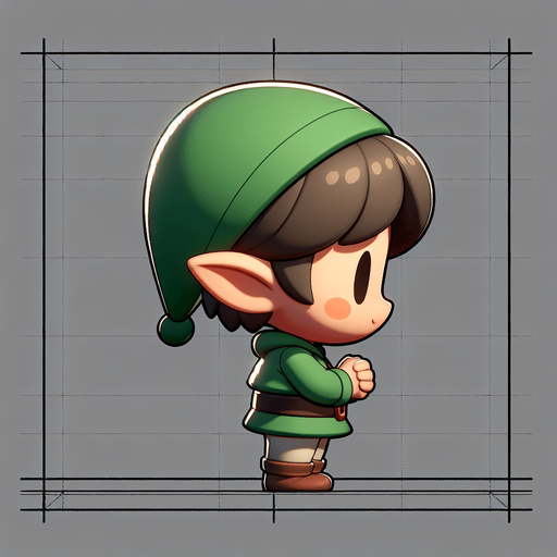 Profil view of a cute little elf with a green hat, standing with his hands in front of him.no background . no floor. In-Game asset. 2d. Blank background. High contrast. No shadows.