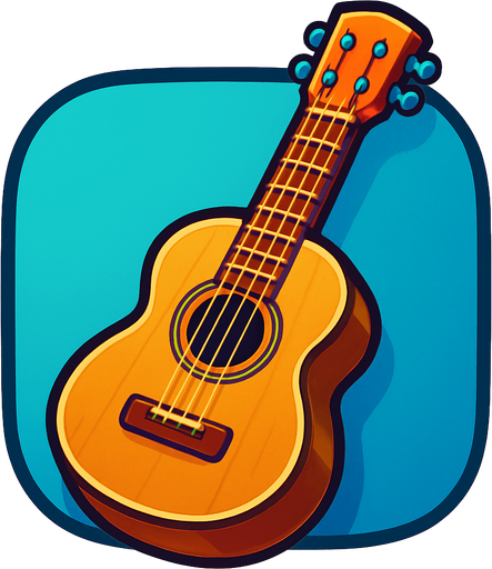 A bold, game-style illustration of an acoustic guitar with a wooden body, visible strings, and a detailed sound hole. Slight 3D shading and a clean, vector outline. Friendly, colorful look with transparent rounded background, optimized for mobile games..
In-Game asset.  2d.  High contrast.  No shadows
