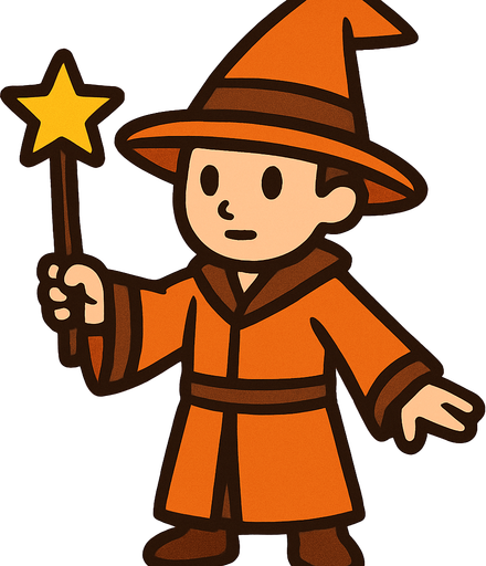 Mago con sombrero naranja y marrón sin barba con varita con estrella, de cuerpo entero.
In-Game asset.  2d.  High contrast.  No shadows