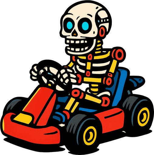 Un endoesqueleto animatronico en un kart.
In-Game asset.  2d.  High contrast.  No shadows