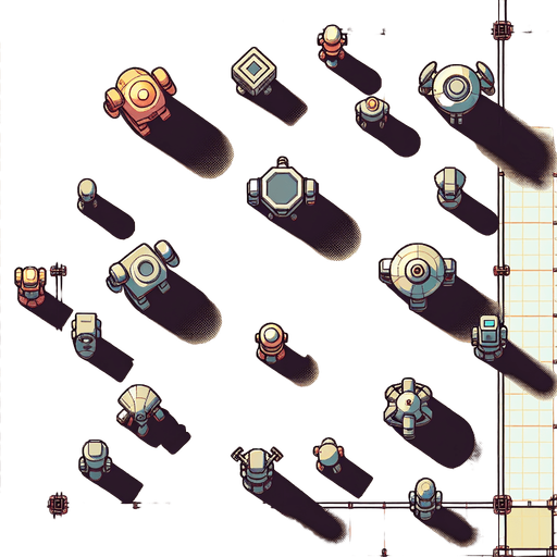Ensure that the image is created with a top-down perspective, meaning the viewer is looking directly down onto the scene. This involves drawing objects as if they are being viewed from above.
Objects should be oriented to show their tops. For example, robots might be shown with their heads at the top and feet at the bottom..
Single Game Texture. In-Game asset. 2d. Blank background. High contrast. No shadows.