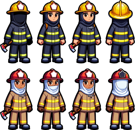 A cartoon firefighter.
Single Game Texture.  In-Game asset.  2d.  High contrast.  No shadows