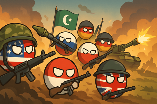 Fullscreen modern App Store landscape banner, 16:9, high definition, for a game titled "Countryball Warfare" and with the description "A humorous strategic war game featuring Countryballs – the spherical national characters with unique abilities and traits. Command your nation, form alliances, conquer territories, and rise to global dominance through military tactics, resource management, and diplomatic maneuvering.". No text on banner!