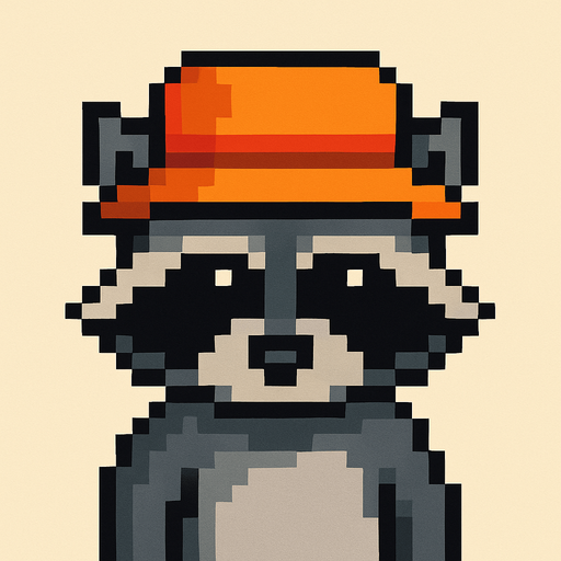 mapache de pixeles con sombrero pesquero.
In-Game asset.  2d.  High contrast.  No shadows
