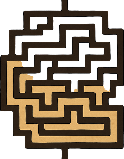 Top-down map asset for a TD game. Imagine a single, contiguous ribbon laid across a canyon floor; this ribbon is the path. It is a unicursal maze, meaning it's a single, non-branching route that twists through the map in a complex, grid-like pattern. The path has absolutely no junctions or alternative routes. The path starts at the top-middle edge and the very same path ends at the bottom-middle edge. The path is flanked by wide, flat, sandy plateaus that are completely barren for building. The map is framed by large, decorative sandstone formations pushed to the far edges, which do not intrude on the central play area. Semi-realistic style. --no towers, no buildings, no characters, no junctions.
In-Game asset.  2d.  High contrast.  No shadows