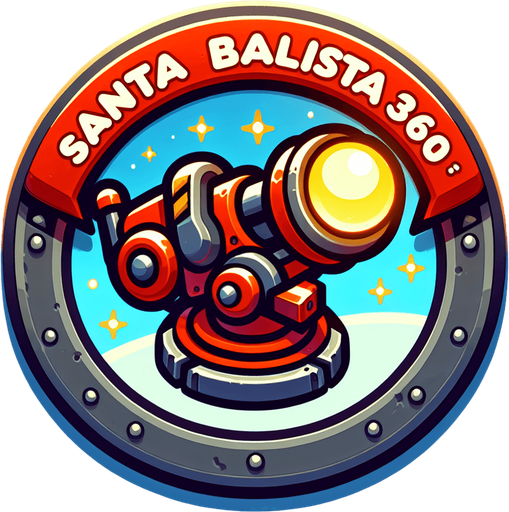 Icon for a mechanical arm, on a circle, with the text „Santa Ballista 360“ at top, cartoon, christmas style Single Game Texture. In-Game asset. 2d. Blank background. High contrast. No shadows.