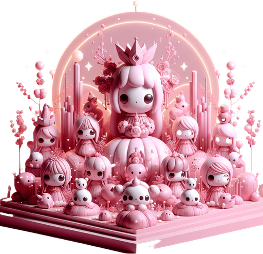 Beautiful 3d pink theme with other soft colours with cute soft kawaii 3d dolls and tiny glowing creatures.
Single Game Texture. In-Game asset. 2d. Blank background. High contrast. No shadows.