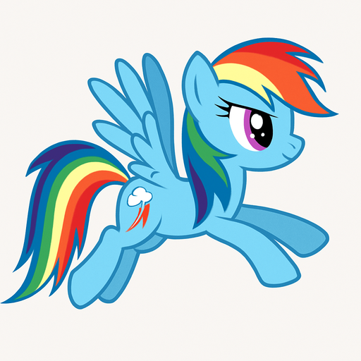 Rainbow Dash, flight position, 2D, side view.
In-Game asset.  2d.  High contrast.  No shadows