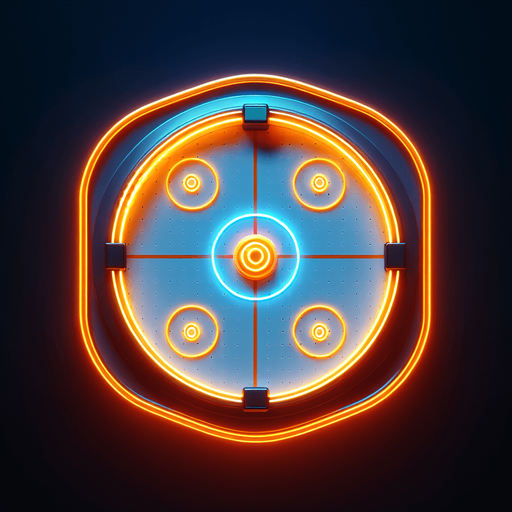 Air hockey disk with neon orange lights. top view.
Single Game Texture. In-Game asset. 2d. Blank background. High contrast. No shadows.