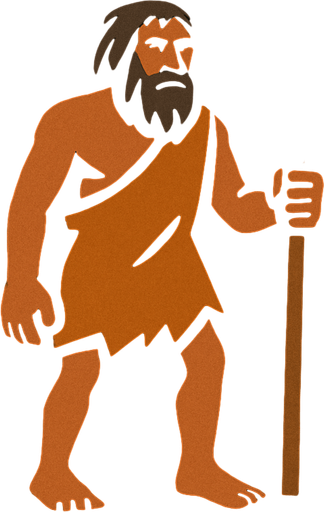 ilk insanların içinde yaşadığı bir mağara. kapısında elinde mızrak olan ilkel bir insan var.
In-Game asset.  2d.  High contrast.  No shadows