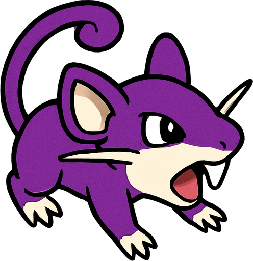 Rattata, visto desde arriba, viendo a la derecha.
In-Game asset.  2d.  High contrast.  No shadows