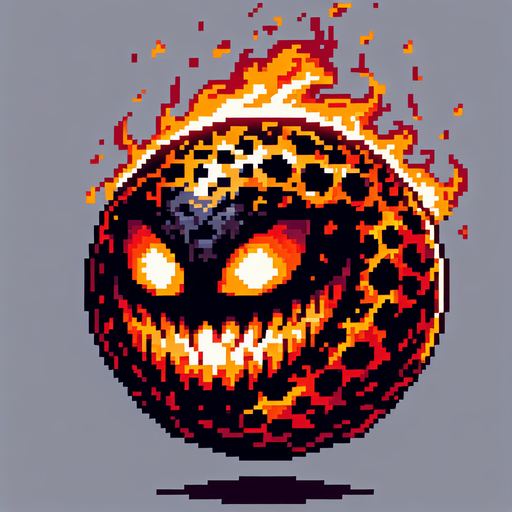 Burning ball shaped creepy grinning devil.
Single Game Texture. In-Game asset. 2d. Blank background. High contrast. No shadows. 8 bit
