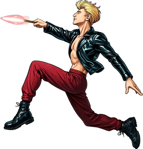 Swishy graceful man opposite arm and leg in front Cyberpunk manga, side profile view jumping pushing off the ground one leg extended one knee raises arms at sides loookkng skyward torpedo magic launching leap jump, shiny black leather biker jacket longsleeves shirtless Skinny abs blonde pompadour guy, wine red joggers combat boots, Background removed, "Full-body character, entirely in frame, no cropping of face, head, or feet" "Complete character visible, from head to toe, fully centered in the image" "Entire character, including face and boots, fully within the frame" Character fully contained within a square frame, no edges cut off fashion model idle pose