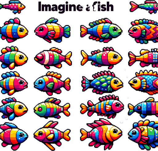 A pallet of 10 different unique fish. 8-bit art style. Fun, happy facial expressions..
Single Game Texture. In-Game asset. 2d. Blank background. High contrast. No shadows.