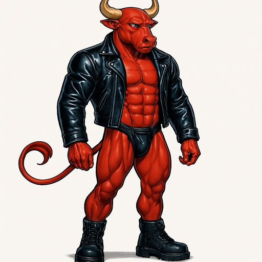 idle animation hunky Minotaur man Cyberpunk manga, minotaur monster hunk, shiny black leather biker jacket longsleeves shirtless muscles, jockstrap combat boots, Background removed, "Full-body character, entirely in frame, no cropping of face, head, or feet" "Complete character visible, from horns to hooves, fully centered in the image" "Entire character, including face and boots, fully within the frame" Character fully contained within a square frame, no edges cut off fashion model idle pose