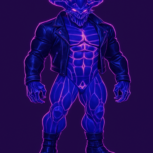 Black leather biker jacket longsleeves bare segmented neon cyberpunk pecs abs muscles robot monster hunk Neon cyberpunk 3d hologram corporate occult demon android mecha robot sentinel guard soldier machine monster fully in frame no part cut off no background anime futuristic Background removed, "Full-body character, entirely in frame, no cropping of face, head, or feet" "Complete character visible, from head to toe, fully centered in the image" "Entire character, including face and boots, fully within the frame" Character fully contained within a square frame, no edges cut off  horns through boots