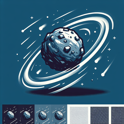 Космический булыжниклетящий и круживщейся вокруг своей оси 
С видом с верха.
Single Game Texture. In-Game asset. 2d. Blank background. High contrast. No shadows.