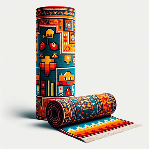 vertically standing rolled up arabic rug.
Retro gaming style