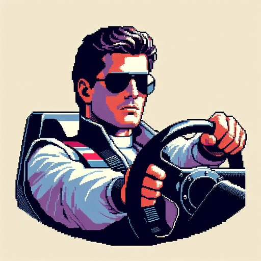 cool looking driver holding a car wheel as if he's driving. 30 years old. vintage retro 1980 style. 3/4 view. pixelated. 8 bit. Single Game Texture. In-Game asset. 2d. Blank background. High contrast. No shadows.