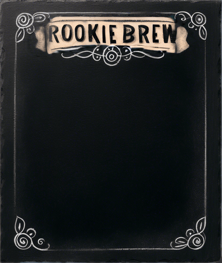 Text "ROOKIE BREW" handwritten in chalk