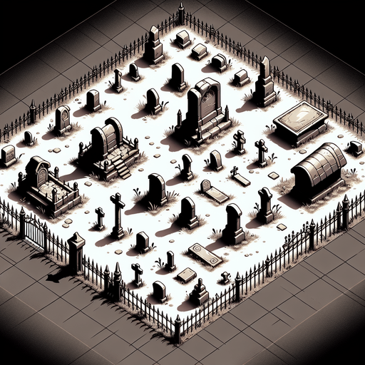 graveyard, top view.
Single Game Texture. In-Game asset. 2d. Blank background. High contrast. No shadows.