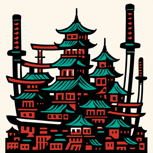 A Katana City.
In-Game asset.  2d.  High contrast.  No shadows