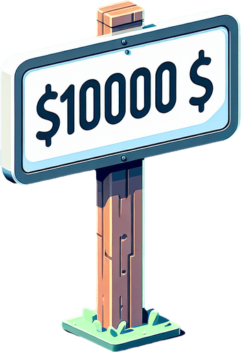 write 10000$ on a sign.
Single Game Texture. In-Game asset. 2d. Blank background. High contrast. No shadows.