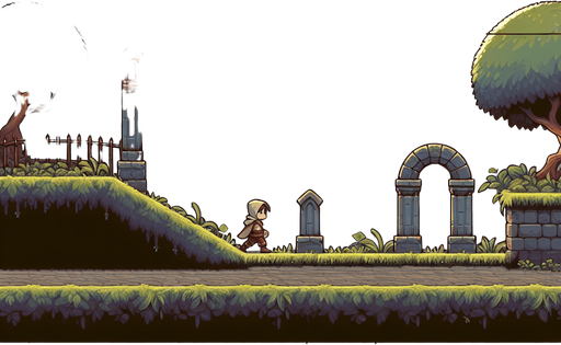 the foregund of a horizontally scrolling game, where the player walks sideways along a path. the color should be muted, fantasy medieval style. the game is a platformer or endless runner game, so everything should be seen from the side..
Single Game Texture. In-Game asset. 2d. Blank background. High contrast. No shadows.