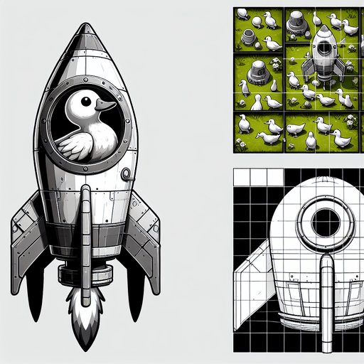 a duck in a rocket.
Single Game Texture.  In-Game asset.  2d.  Blank background.  High contrast.  No shadows