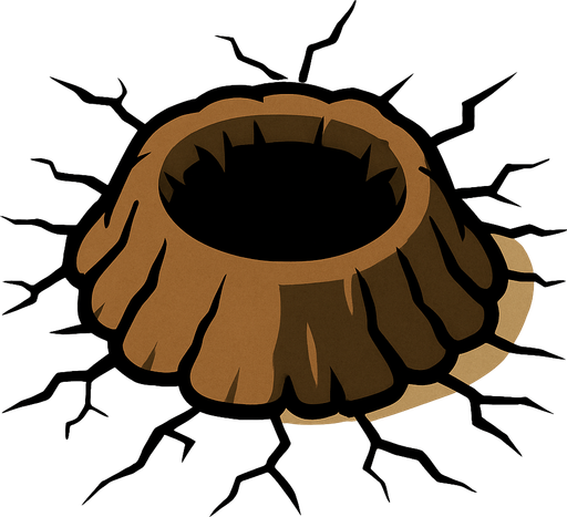 bir köstebek çukuru ama köstebeksiz etrafında çatlaklar olan ve yukarı doğru çıkan bir delik.
In-Game asset.  2d.  High contrast.  No shadows