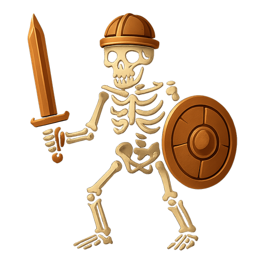 Skeleton with copper sword, copper helmet and copper shield.
In-Game asset.  2d.  High contrast.  No shadows