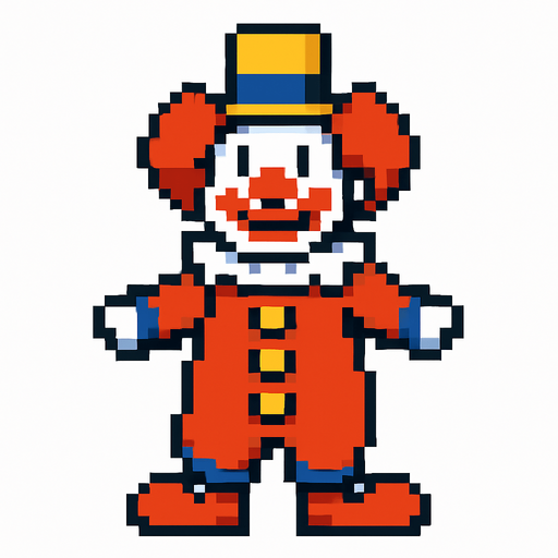 Create pixel art clown with no background.
In-Game asset.  2d.  High contrast.  No shadows