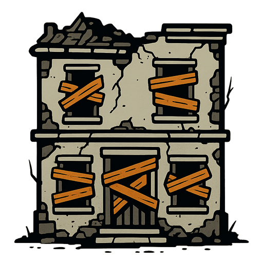 Abandoned building that’s boarded up.
In-Game asset.  2d.  High contrast.  No shadows