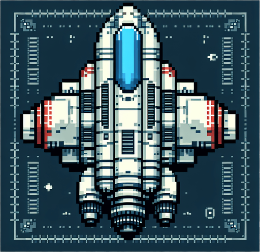retro 2d spaceship, top view.
Single Game Texture.  In-Game asset.  2d.  transparent background.  High contrast.  No shadows