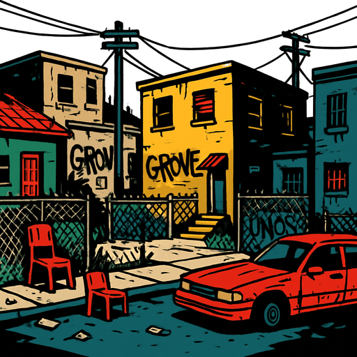 Gangside ghetto Neighbourhood.
In-Game asset.  2d.  High contrast.  No shadows