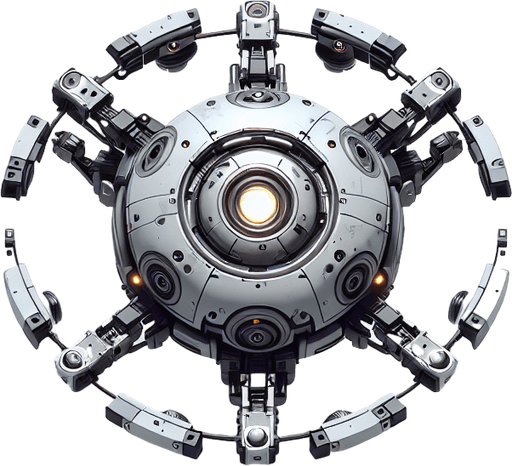 Top-down view of a floating mechanical robot with a circular body. Thin, robotic arms extend outward, metallic and glowing. The head is small with glowing eyes. Strictly top-down view, no perspective or angle. Clean and detailed for 2D gameplay.
Single Game Texture. In-Game asset. Top-down view. No shadows. 2D style. High contrast. Blank background.