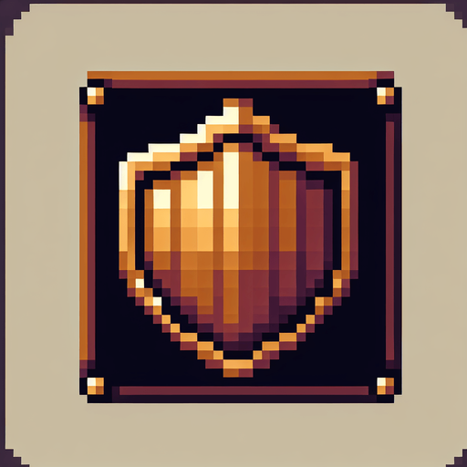 Square flat shield made of bronze pixelart rectangular.
Single Game Texture. In-Game asset. 2d. Blank background. High contrast. No shadows.