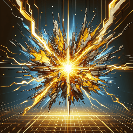 A more intense version of Power Surge. A fractured or exploding core shape at the center, emitting powerful, jagged energy waves (possibly in yellow or orange on top of blue). Could incorporate classic explosion symbol elements but rendered in the cybernetic style. Should look significantly more powerful than Power Surge..
Single Game Texture.  In-Game asset.  2d.  Blank background.  High contrast.  No shadows