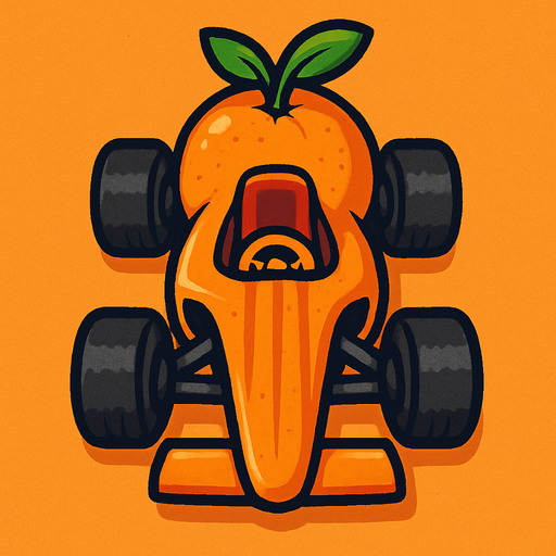 behind top-down little right angle orange fruit race car.
In-Game asset.  2d.  High contrast.  No shadows