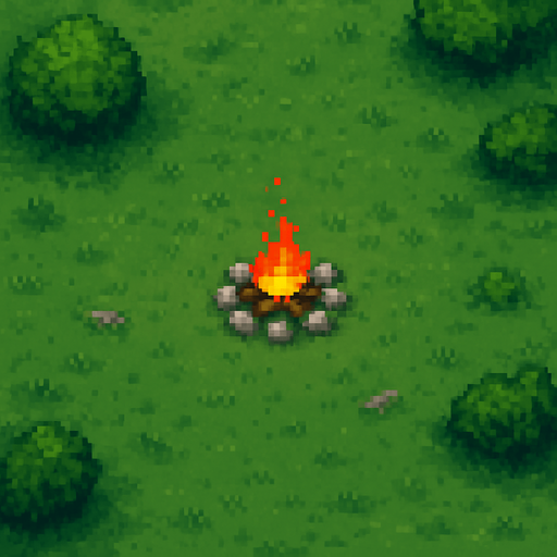 Kamp ateşi ve etrafındaki taşlar daha küçük olsun ve harita daha büyük olsun(daha da yukarıdan bakıyormuş gibi)