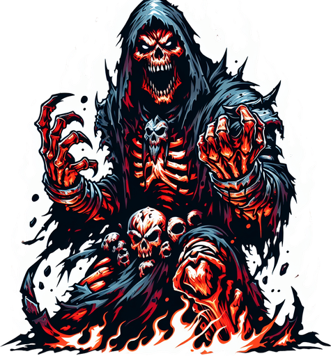 full body angry taunt orc grim reaper style.
Single Game Texture.  In-Game asset.  2d.  Blank background.  High contrast.  No shadows