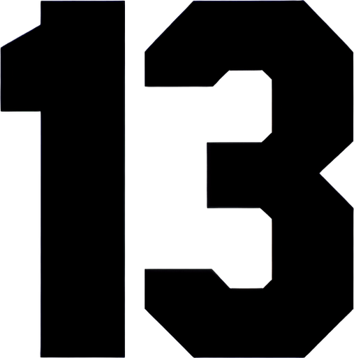 the number 13 written in black.
Single Game Texture. In-Game asset. 2d. Blank background. High contrast. No shadows.