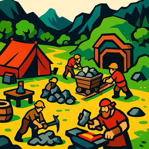 Demirci ve madencilerin olduğu uzaktan bakış bir kamp alanı oluştur..
In-Game asset.  2d.  High contrast.  No shadows