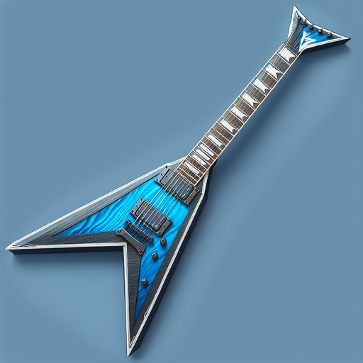 Blue Electric guitar flying v.
Single Game Texture.  In-Game asset.  2d.  Blank background.  High contrast.  No shadows