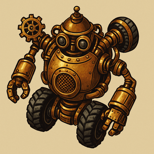 robot estilo steampunk visto desde arriba totalmente no desde el frente con llantas.
In-Game asset.  2d.  High contrast.  No shadows. vistasuperior