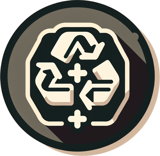 Could also be a stylized recycling symbol combined with an upward arrow or a plus sign..
Single Game Texture.  In-Game asset.  2d.  Blank background.  High contrast.  No shadows
